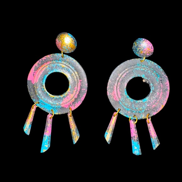 Women's Dangling Earrings - Gold, Turquoise & Pink - Wooden Whimsy - Picture 3 of 6